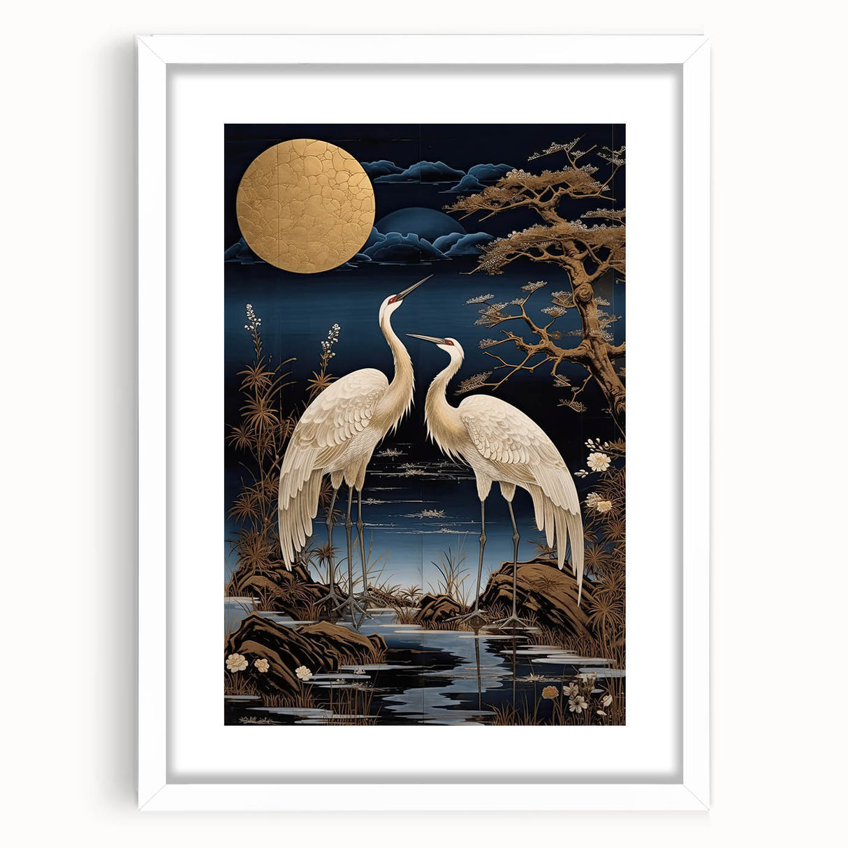 Elegant framed wall art featuring a heron and egret design in soft colors, complemented by a white mat and frame, perfect for enhancing any decor style.
