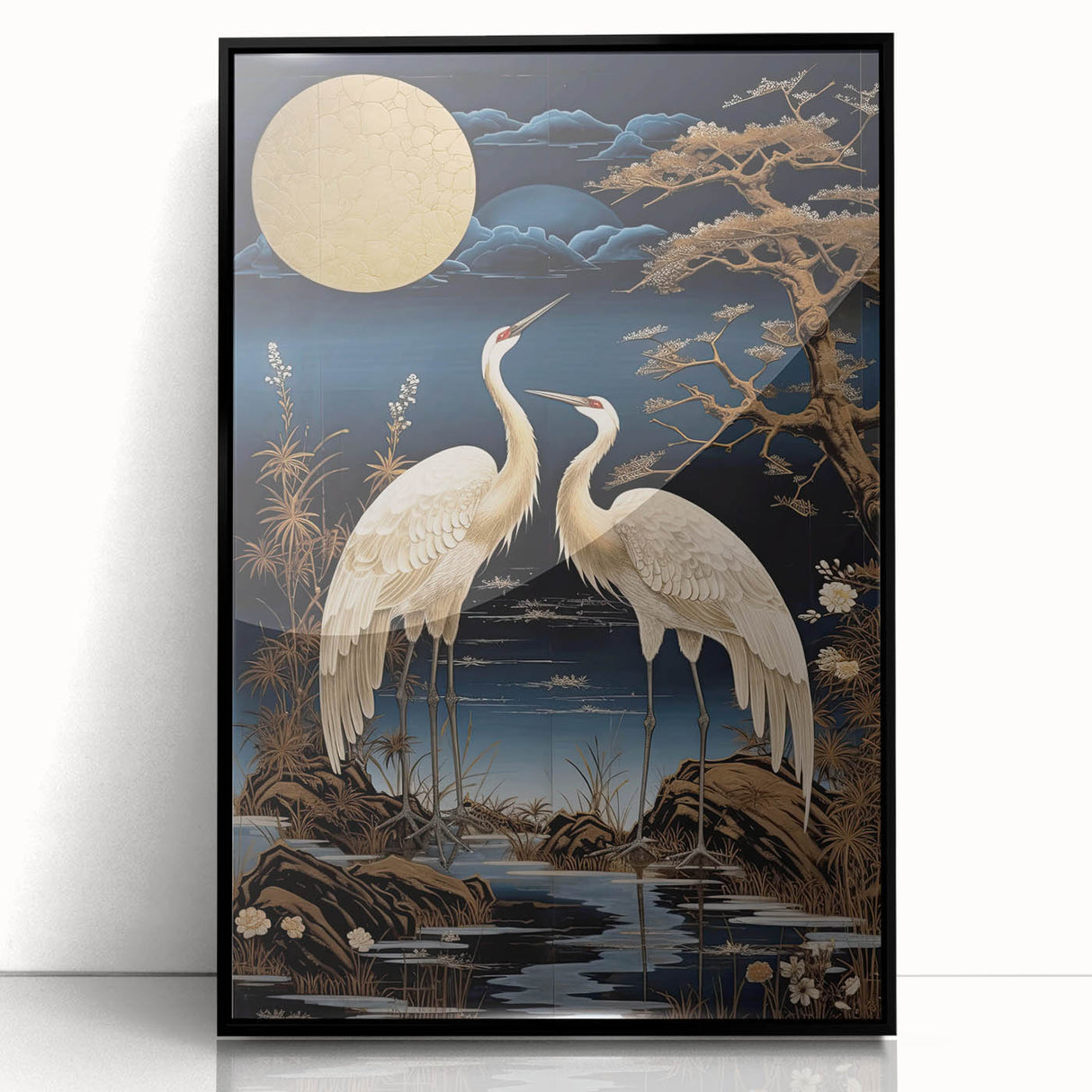 Framed wall art featuring a serene heron and egret design, showcasing elegant birds in a tranquil setting with a sleek black frame, perfect for home decor.