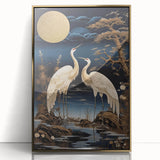Framed acrylic wall art featuring a serene heron and egret design in gold tones, perfect for enhancing modern decor in living spaces or offices.