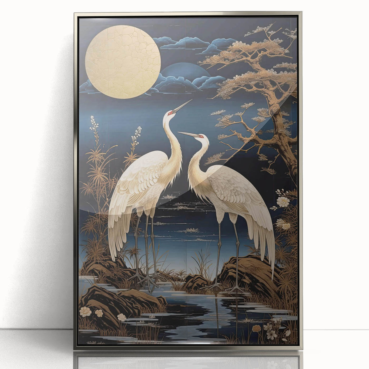 Framed acrylic wall art featuring a serene heron and egret design, elegantly set against a silver background, perfect for enhancing modern home decor.