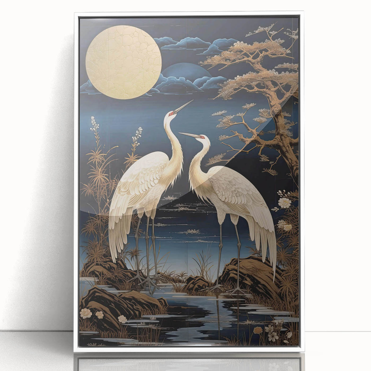 Framed wall art featuring a heron and egret design, showcasing intricate details and vibrant colors on a white background, perfect for enhancing home decor.