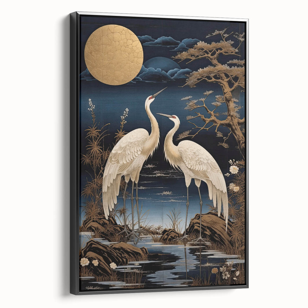 Elegant framed canvas artwork depicting a heron and egret in a serene natural setting, featuring rich colors and intricate details, perfect for home decor.