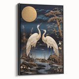Elegant framed canvas artwork depicting a heron and egret in a serene natural setting, featuring rich colors and intricate details, perfect for home decor.