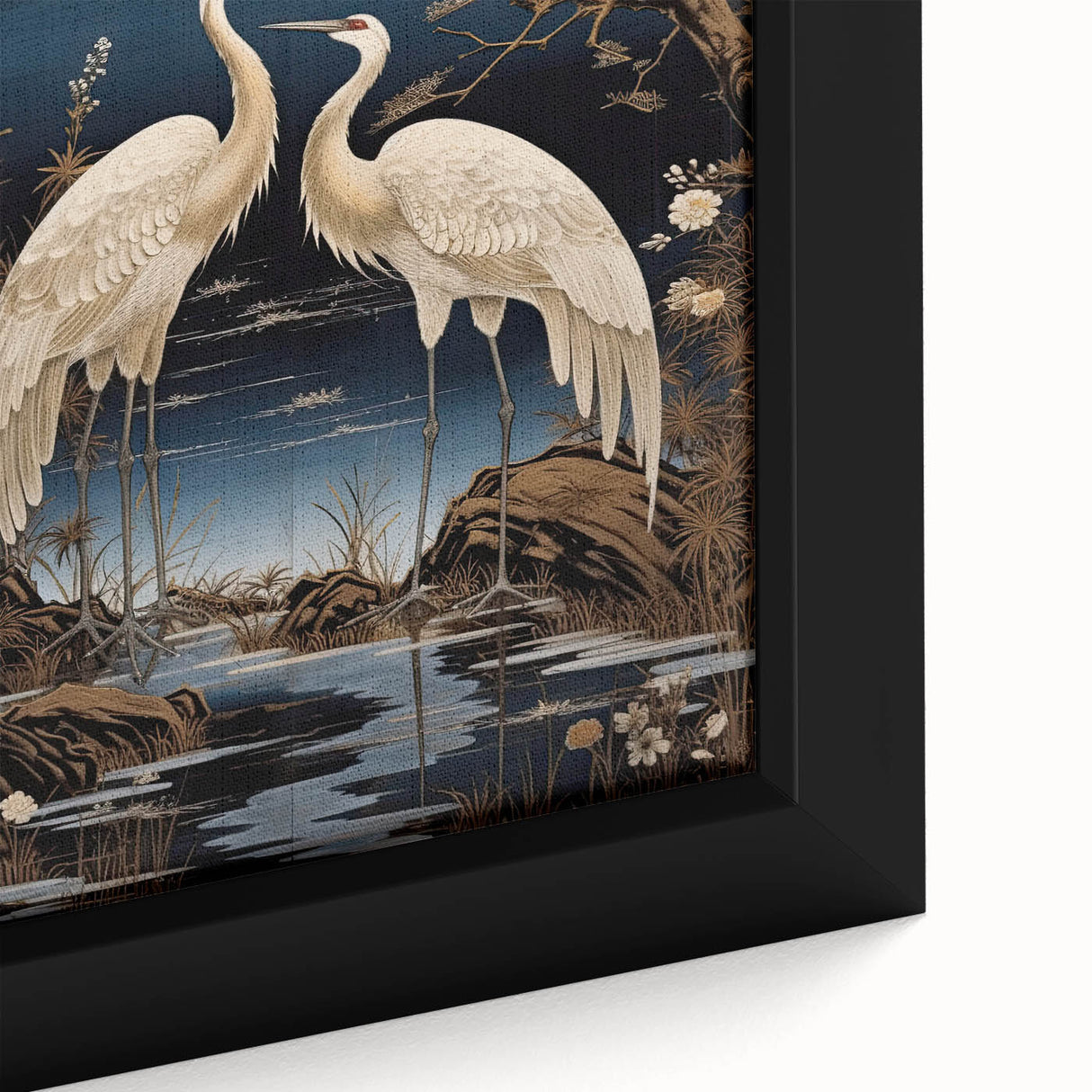 Close-up of a framed canvas wall art piece showcasing a heron and egret design, featuring vibrant colors and intricate details, ideal for nature enthusiasts.