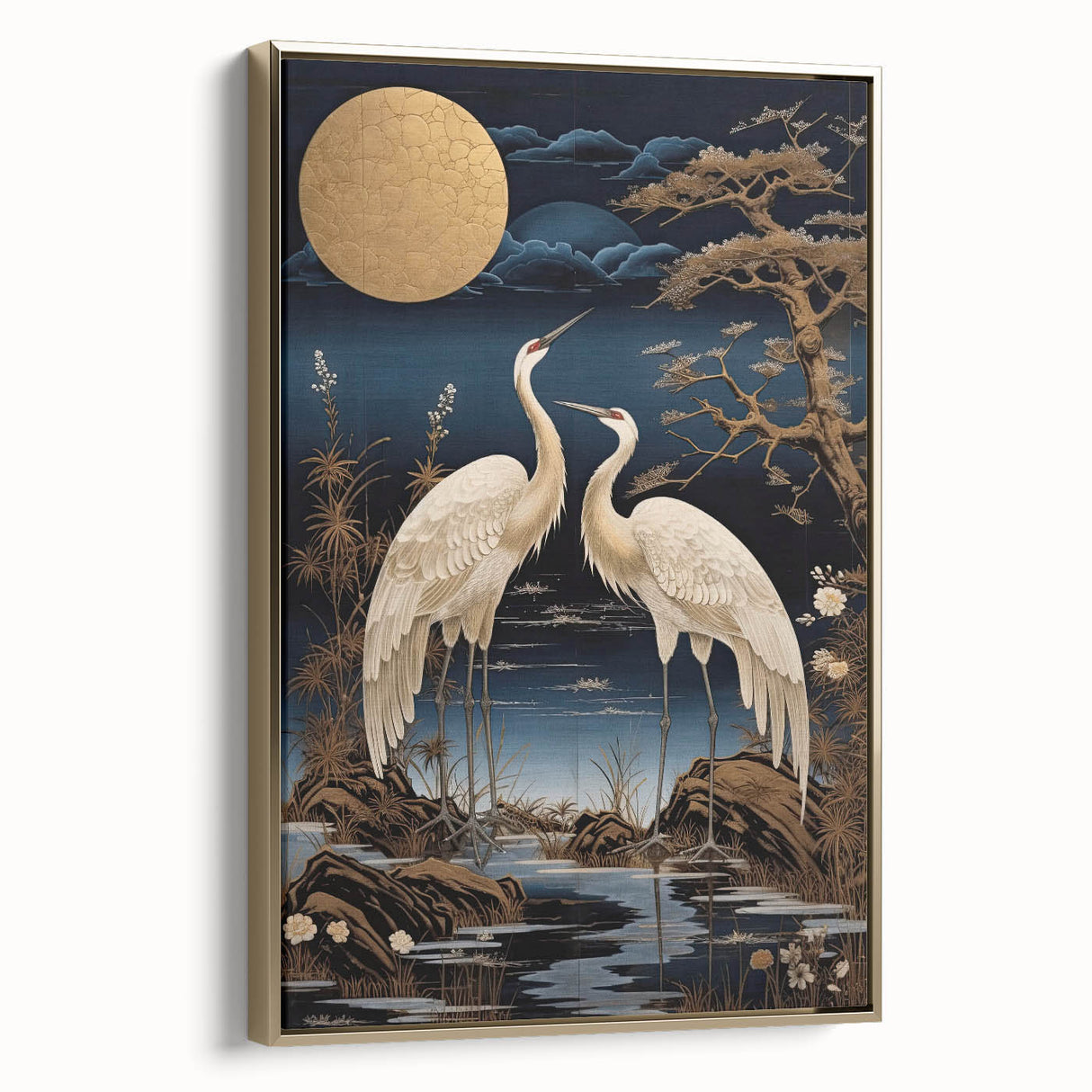 Framed wall art collection showcasing elegant herons and egrets with a gold accent, set against a neutral background, perfect for modern home decor.