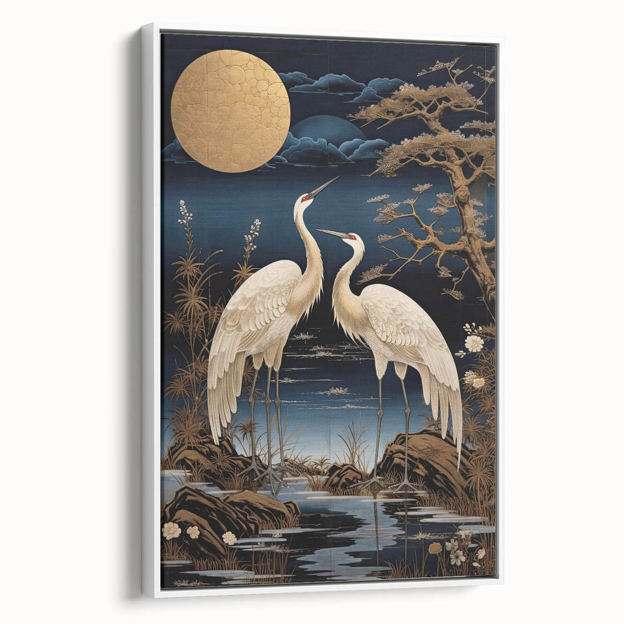 Framed wall art featuring a serene heron and egret design on a white background, showcasing intricate details and a modern aesthetic, perfect for home decor.