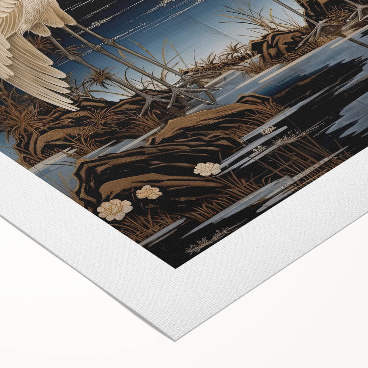 Rolled canvas art print showcasing a serene heron and egret design, featuring soft blues and greens, perfect for nature-themed decor. Ideal for creating a tranquil atmosphere.