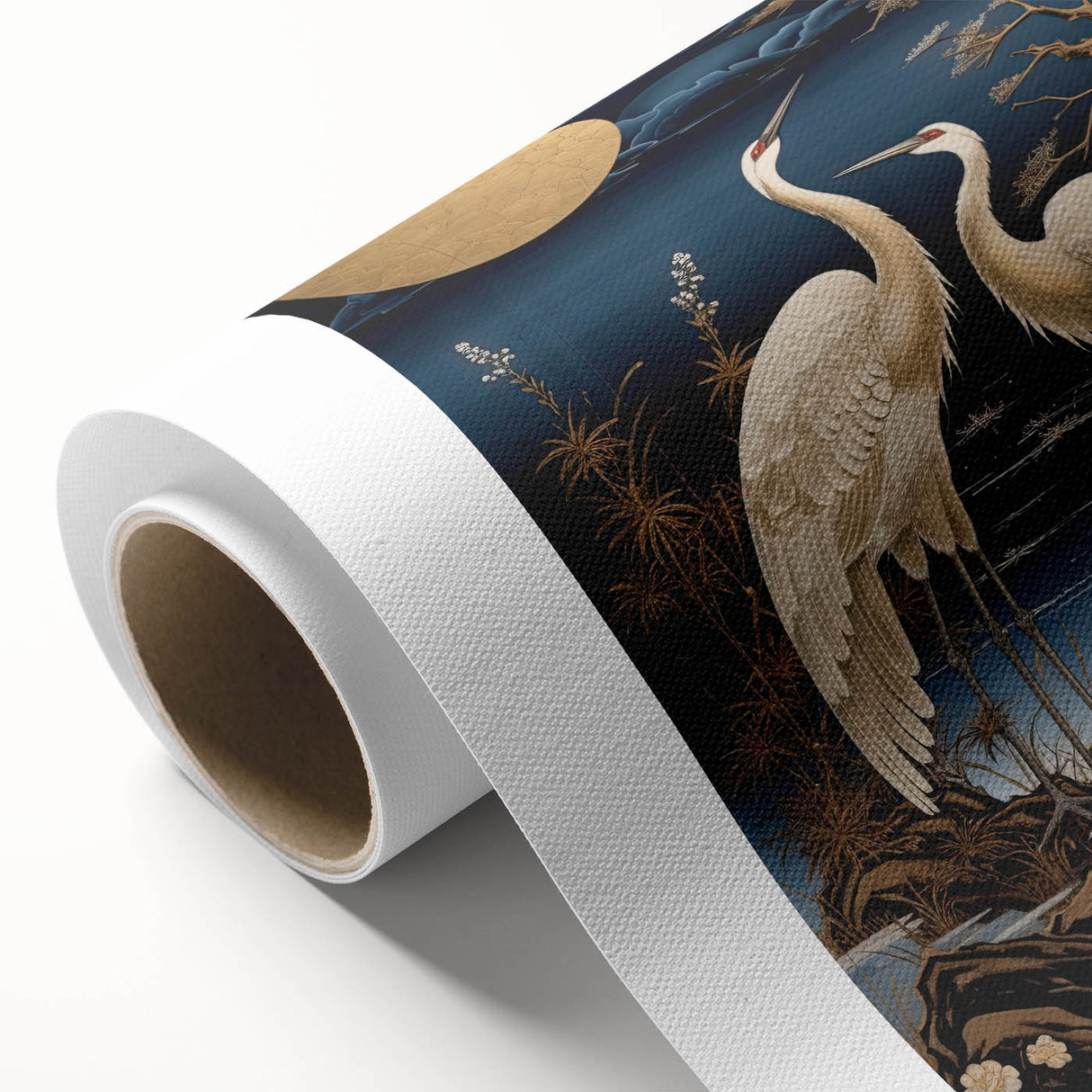Elegant rolled canvas wall art showcasing a serene heron and egret design in soft pastel colors, perfect for enhancing home decor with nature-inspired elegance.