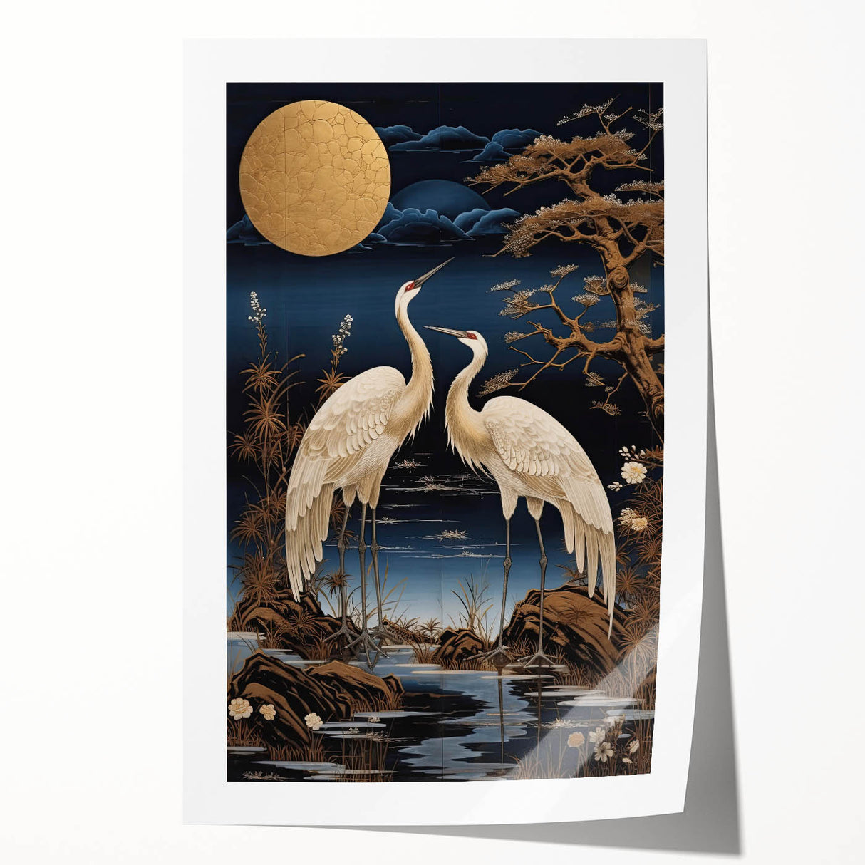 Elegant rolled print showcasing a heron and egret design, featuring vibrant colors and intricate details, perfect for enhancing home decor.