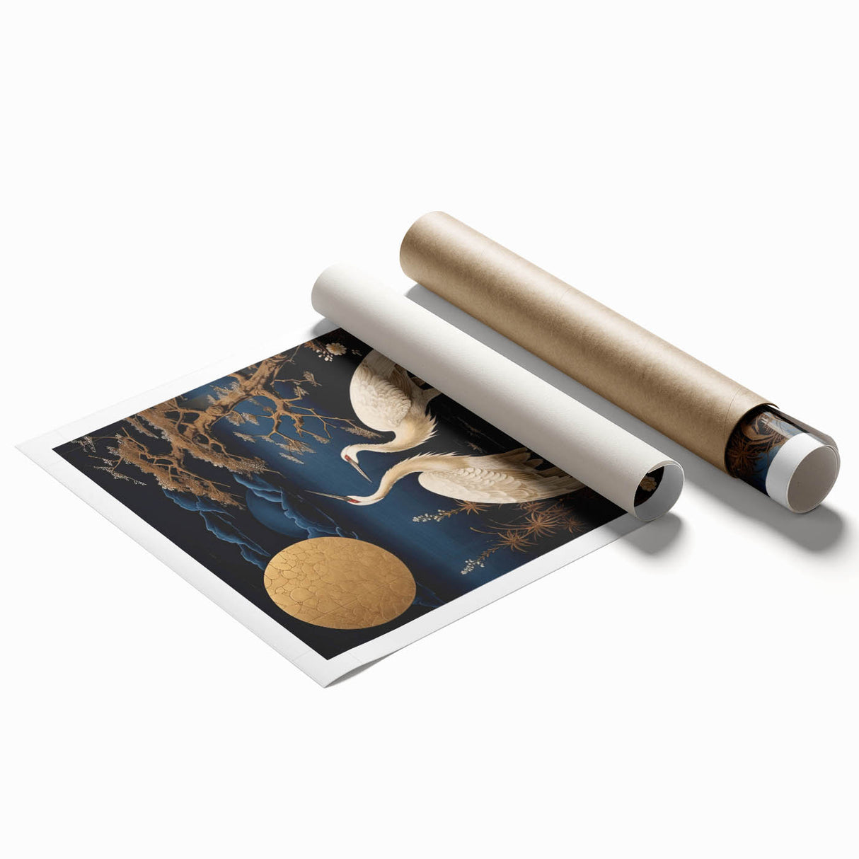 Elegant wall art print showcasing a heron and egret design, featuring soft blues and whites, ideal for nature-themed decor, rolled and ready for framing.