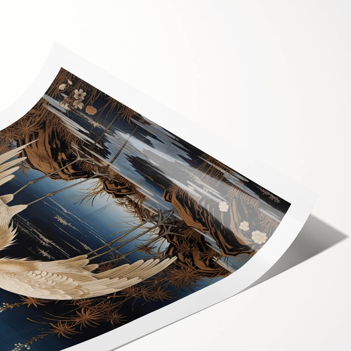 Elegant wall art print showcasing a heron and egret design in soft pastel colors, rolled and ready for display, perfect for enhancing home decor.