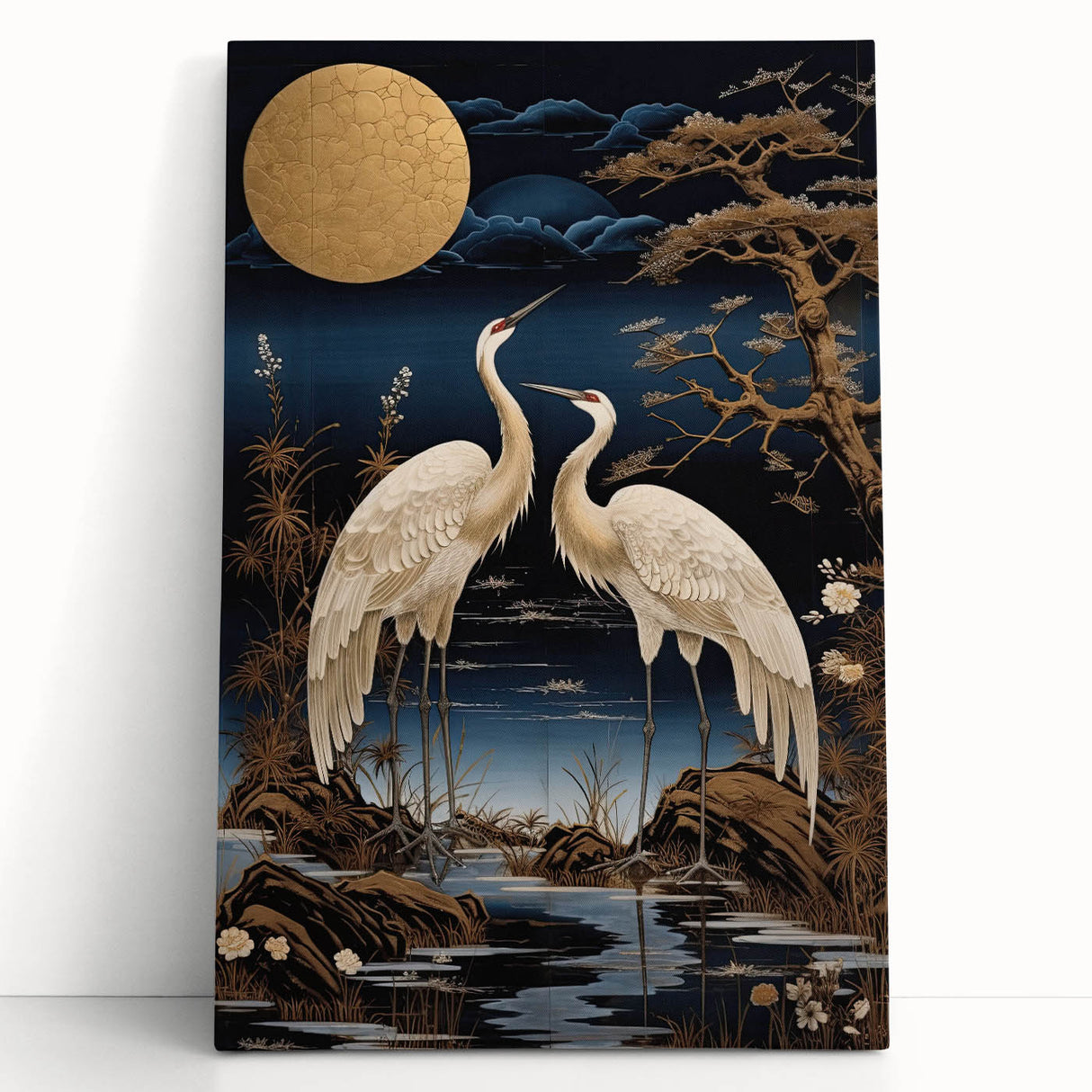 Elegant wall art featuring a heron and egret design on stretched canvas, showcasing soft blues and natural tones, perfect for enhancing home decor.