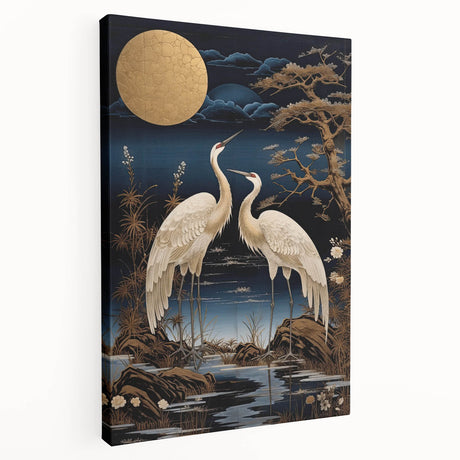 Elegant wall art featuring a side view of a heron and egret design on stretched canvas, showcasing vibrant colors and intricate details for nature enthusiasts.