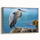 Framed canvas wall art featuring a heron and egret design in gold tones, showcasing elegant birds in a serene natural setting, perfect for home decor.