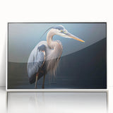 Framed wall art collection featuring elegantly designed herons and egrets in a serene nature scene, displayed with a white frame, ideal for modern home decor.