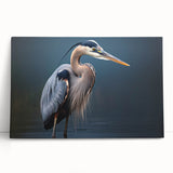 Stretched canvas wall art featuring a serene heron and egret design in soft blues and greens, ideal for nature-inspired home decor.