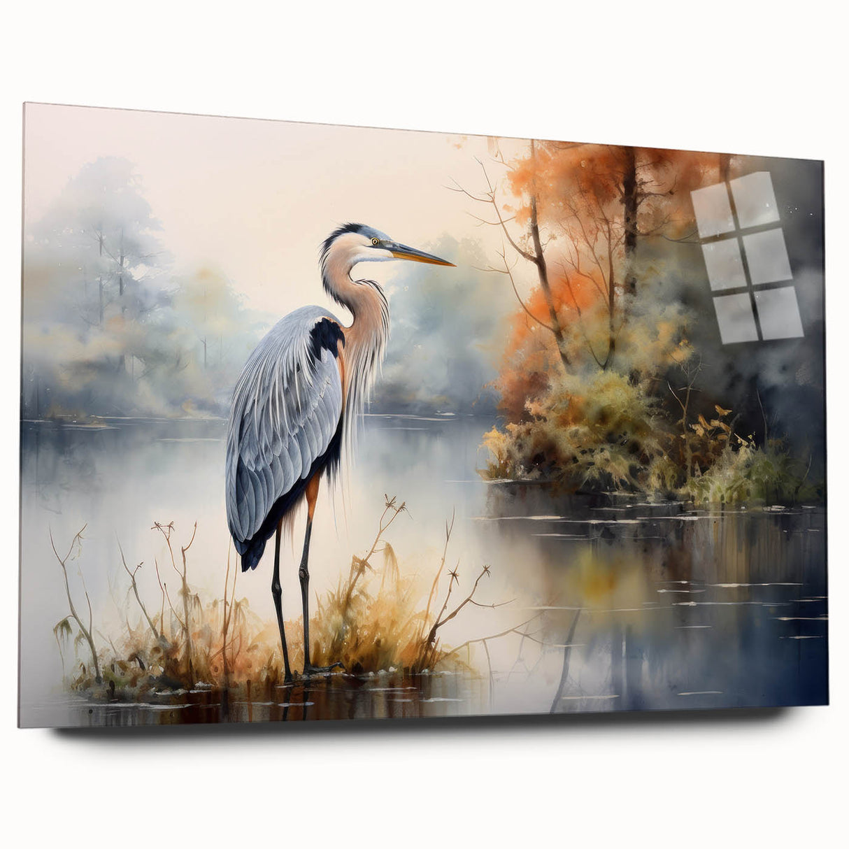 Elegant wall art collection showcasing a side view of heron and egret designs printed on acrylic glass, perfect for enhancing modern decor with a nature theme.
