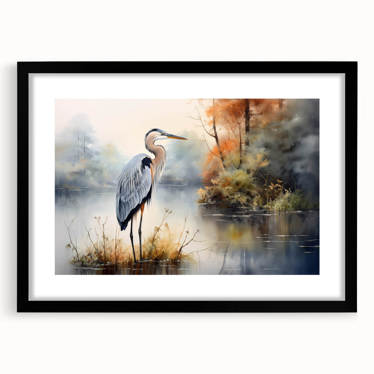 Black-framed wall art featuring a serene heron and egret design in a natural setting, elegantly matted to enhance the artwork's details and colors.