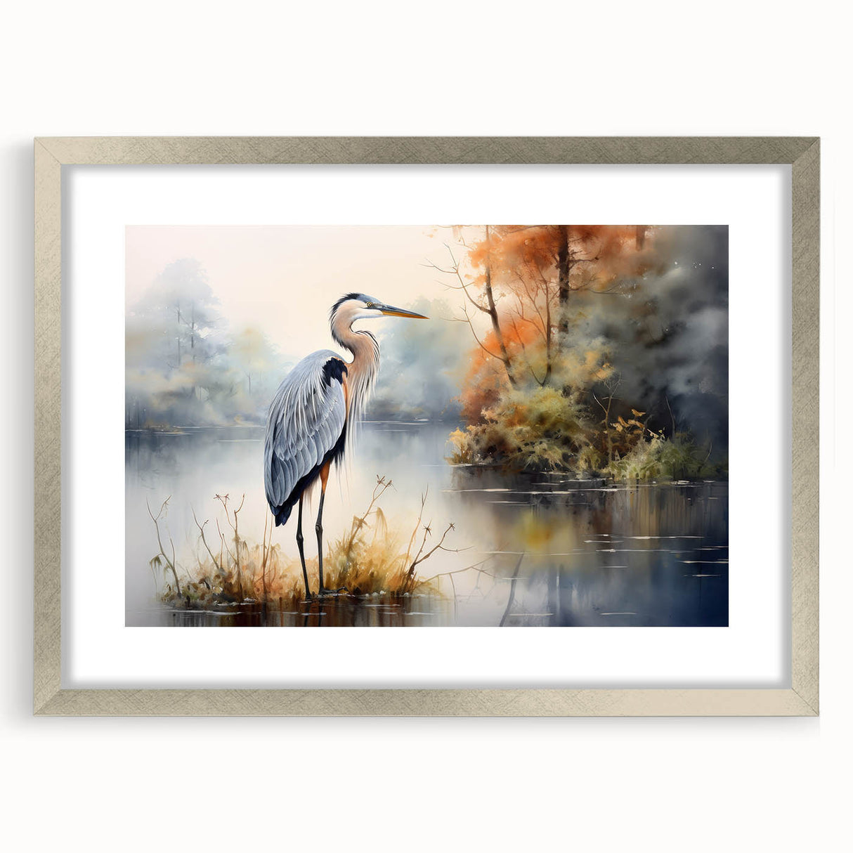 Framed wall art collection featuring elegant herons and egrets in soft colors, set in a sleek silver frame with a white mat, perfect for modern decor.