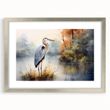 Framed wall art collection featuring elegant herons and egrets in soft colors, set in a sleek silver frame with a white mat, perfect for modern decor.