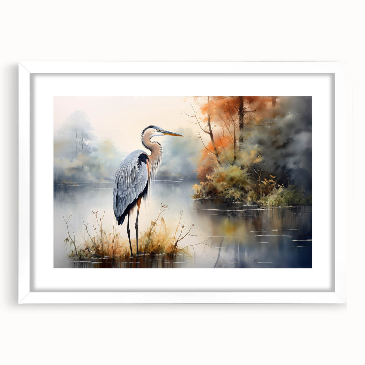 Elegant framed wall art collection showcasing herons and egrets in a serene aquatic setting, featuring a white mat and sleek black frame, perfect for home decor.