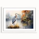 Elegant framed wall art collection showcasing herons and egrets in a serene aquatic setting, featuring a white mat and sleek black frame, perfect for home decor.