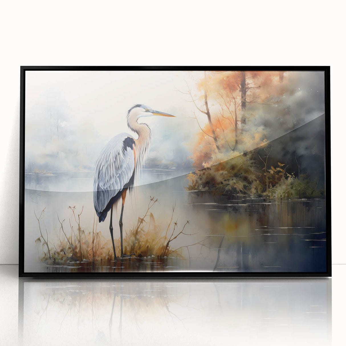 Framed wall art collection showcasing elegant herons and egrets in a serene nature scene, featuring a sleek black frame and acrylic finish, enhancing any decor.