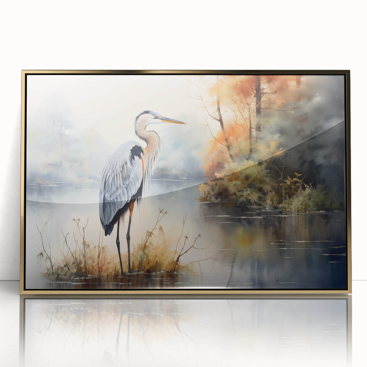 Framed wall art collection showcasing a heron and egret design in elegant gold accents, featuring detailed bird illustrations against a neutral background.