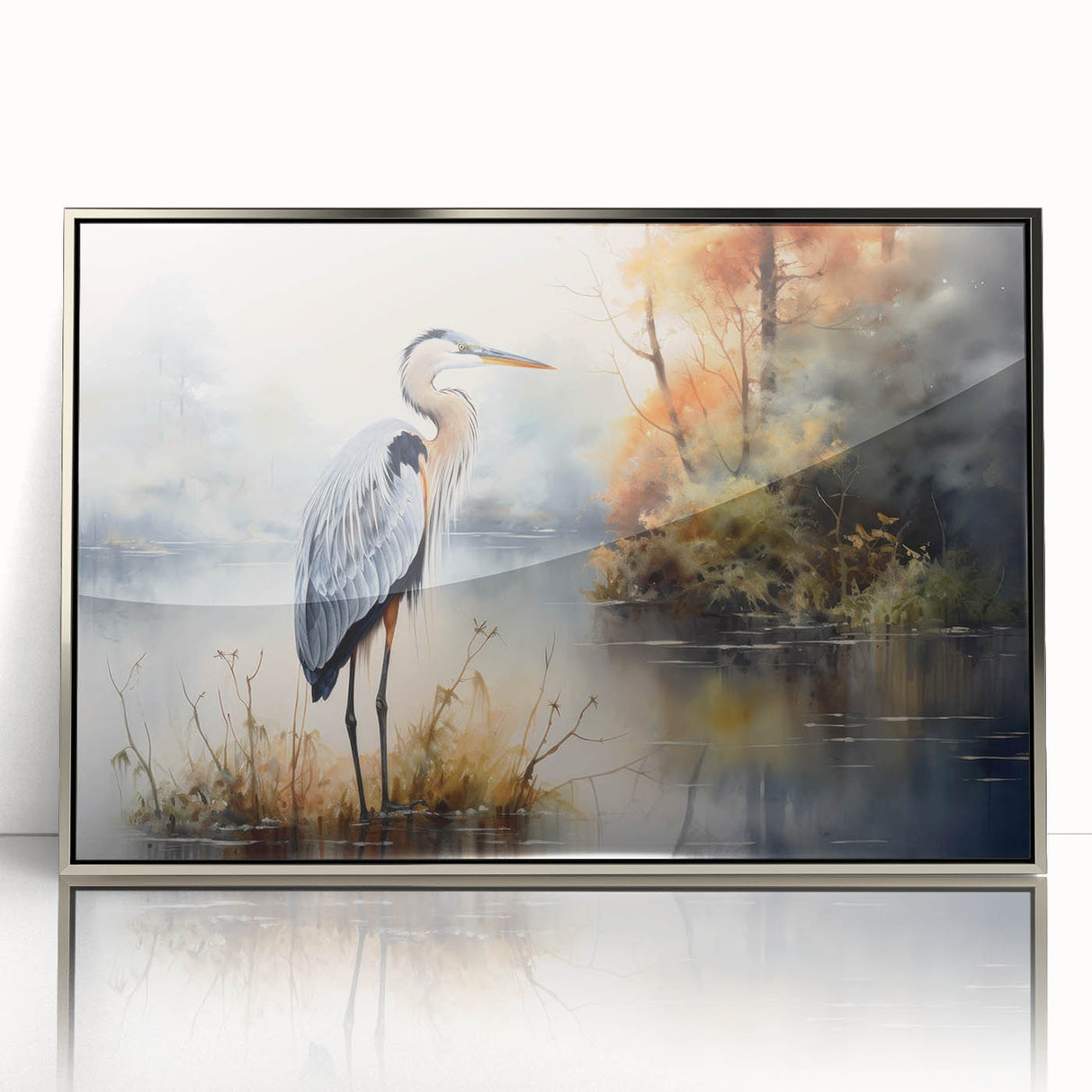 Framed wall art collection showcasing elegant herons and egrets in a serene natural setting, encased in a sleek silver frame with acrylic front.