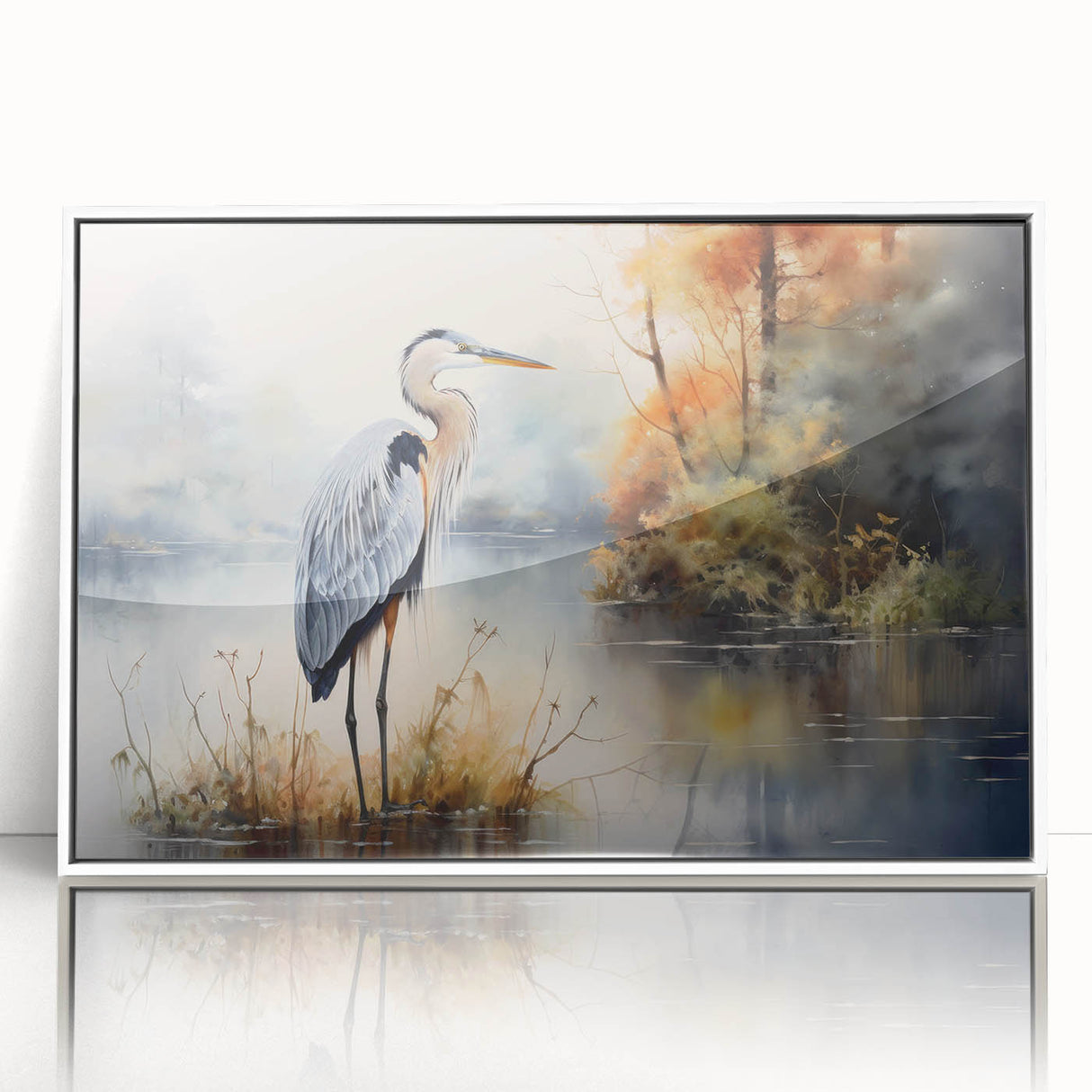 Framed wall art collection featuring elegant heron and egret designs in soft pastel colors, displayed in a sleek white frame, perfect for enhancing home decor.