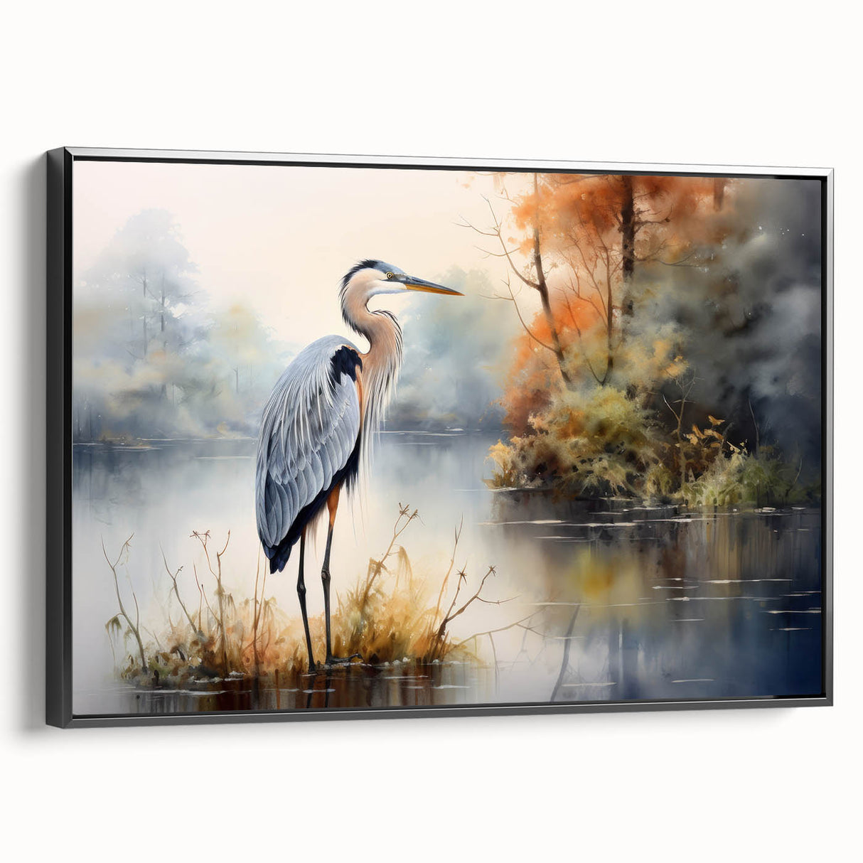 Framed canvas wall art featuring elegant herons and egrets in a serene natural setting, showcasing intricate details and vibrant colors, ideal for enhancing home decor.
