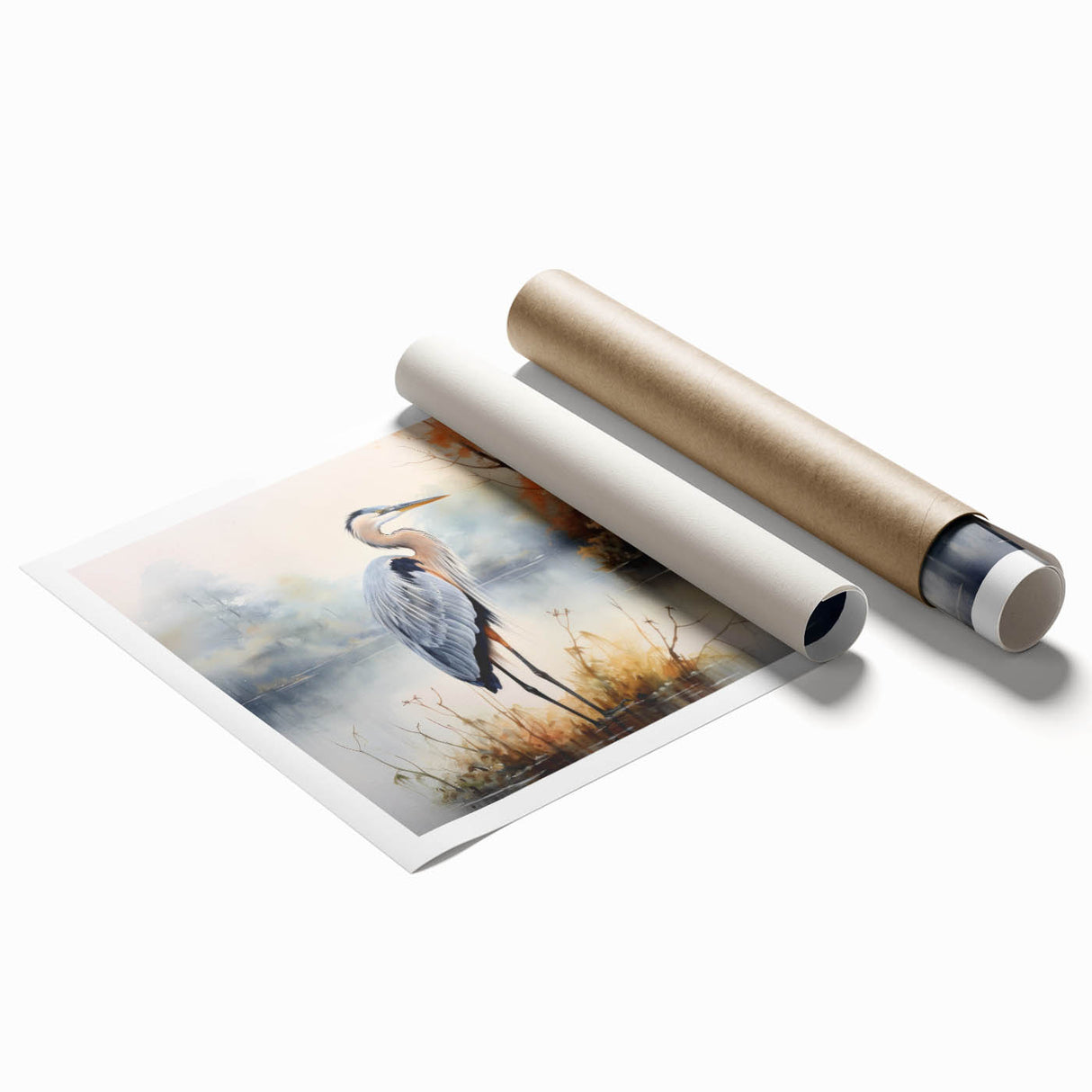 Elegant wall art print featuring a serene scene of herons and egrets in soft pastel colors, perfect for nature lovers and home decor enthusiasts. This rolled art piece captures the beauty of avian wildlife, enhancing any living space with its tranquil design.