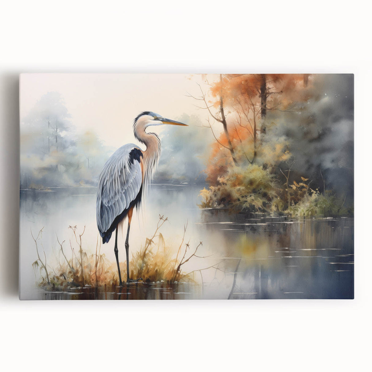 Heron and egret wall art collection on stretched canvas, showcasing elegant bird designs in soft blues and whites, perfect for nature-inspired decor.