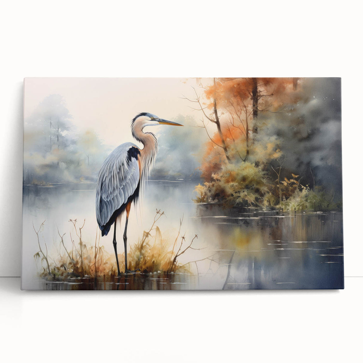 Stretched canvas wall art featuring a serene heron and egret design in soft pastel colors, beautifully leaning against a neutral wall, enhancing home decor.