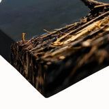 Close-up of a vibrant stretched canvas featuring a heron and egret design, showcasing intricate details and rich colors, perfect for home decor.