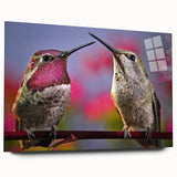 Colorful hummingbird wall art design displayed in a sleek acrylic glass frame, showcasing vibrant colors and intricate details, perfect for enhancing home decor.