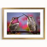 Framed wall art featuring a vibrant hummingbird design in gold, showcasing intricate details and a sophisticated mat, ideal for enhancing modern decor.