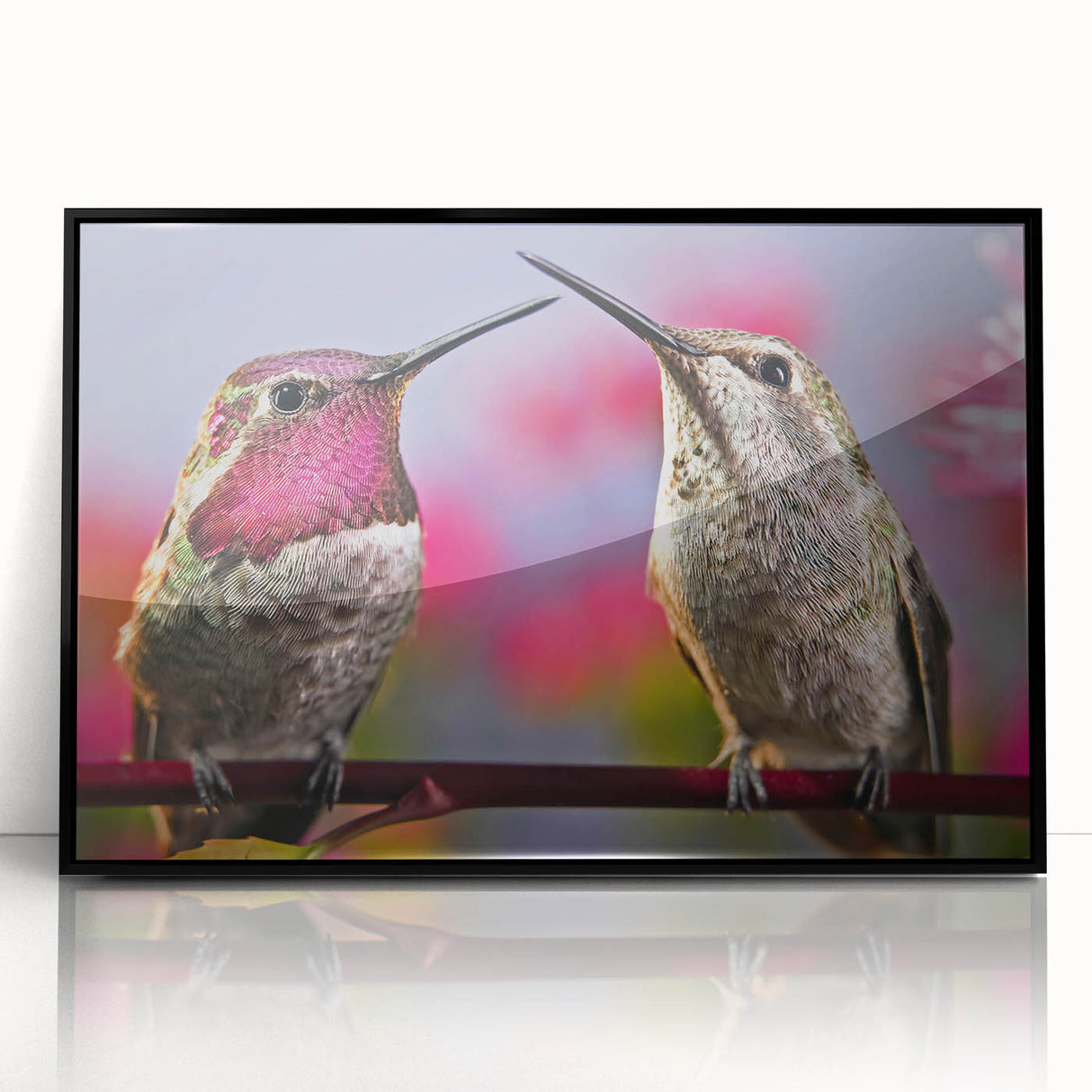 Framed wall art featuring a vibrant hummingbird design in black acrylic, showcasing intricate details, perfect for enhancing modern home decor.