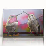 Framed wall art featuring a vibrant hummingbird design with silver accents, displayed in a sleek acrylic frame, perfect for enhancing modern interiors.