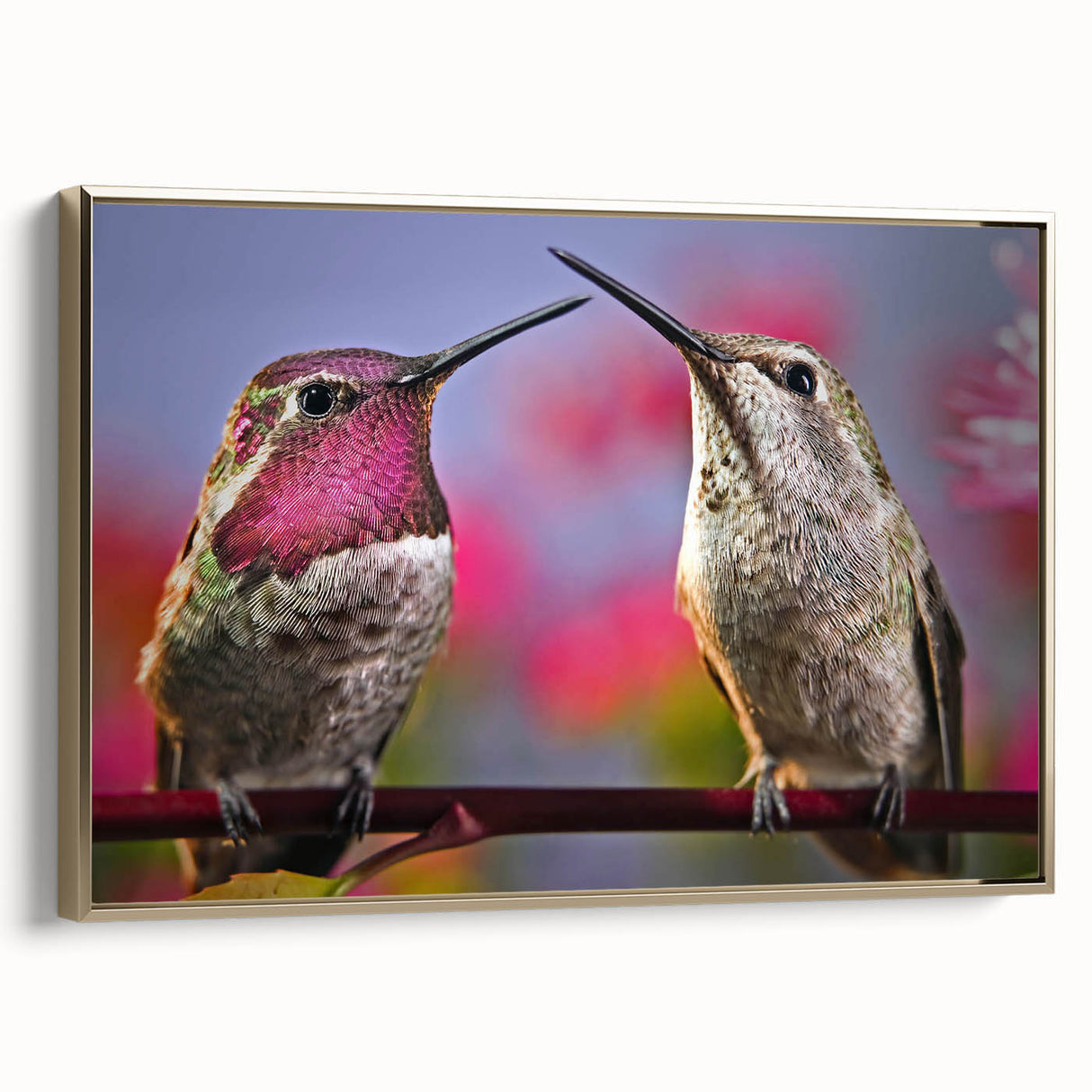 Framed canvas wall art featuring a vibrant hummingbird design in gold tones, showcasing intricate details and elegant side view, perfect for nature-inspired decor.