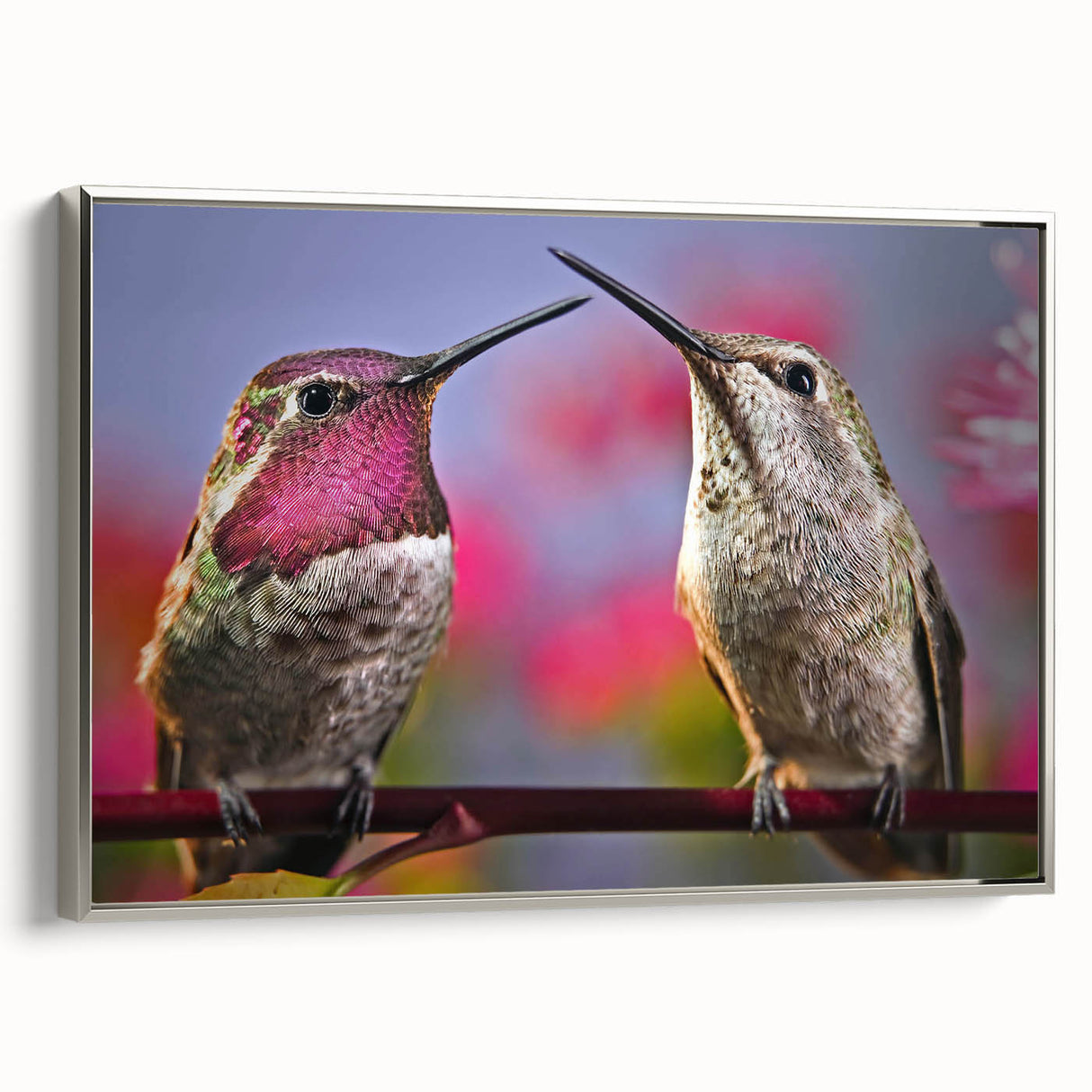 Framed wall art featuring a vibrant hummingbird design on textured canvas, showcasing colorful details and a sleek silver frame, perfect for modern decor.