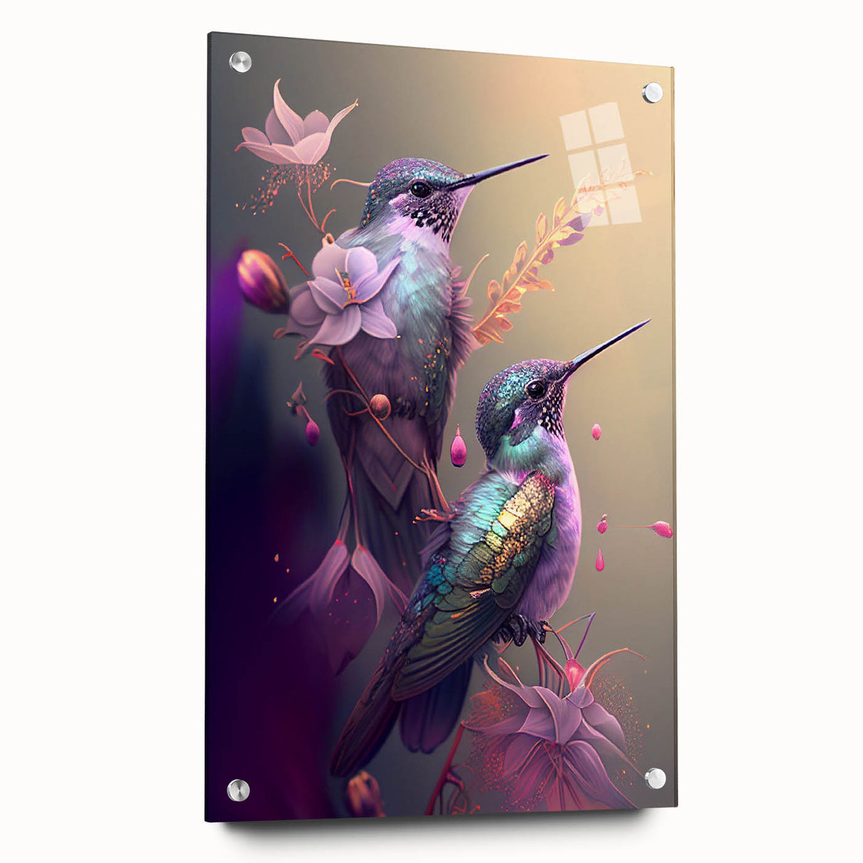 Colorful hummingbird wall art collection displayed in an acrylic glass frame, showcasing intricate designs and vibrant colors, perfect for home decor.