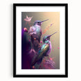 Hummingbird-themed wall art in a black frame with a mat, showcasing vibrant colors and intricate details, perfect for enhancing any living space decor.