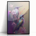 Framed acrylic wall art featuring a colorful hummingbird design, presented in a sleek black frame, perfect for adding a vibrant touch to home decor.