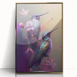 Framed wall art featuring a vibrant hummingbird design in shades of blue and green, set against a gold-accented background, ideal for nature-themed decor.