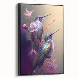 Framed wall art featuring a vibrant hummingbird design on canvas, showcasing intricate details and a sleek black frame, perfect for adding color to any room.