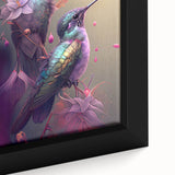 Close-up of a vibrant hummingbird design on framed canvas wall art, showcasing intricate details and rich colors, ideal for enhancing home decor with nature-inspired artwork.