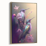 Framed wall art featuring a vibrant hummingbird design on a gold background, showcasing intricate details and colors, perfect for enhancing home decor.