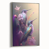 Framed wall art featuring a vibrant hummingbird design on textured canvas, showcasing intricate details and a sleek silver frame, perfect for enhancing modern decor.
