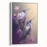 Framed wall art featuring a vibrant hummingbird design in a white frame, showcasing colorful details and a modern aesthetic, perfect for home decor.